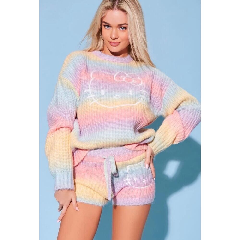 F21 Forever 21 x Hello Kitty Appliqué Pastel Rainbow Knit Crewneck Sweater